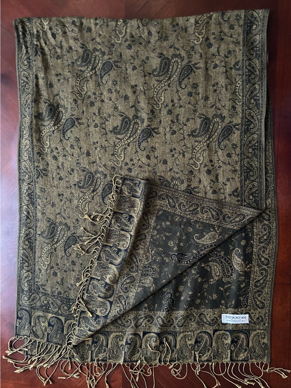pashmina Olive Green and Black Paisley Pashmina Scarf 55% pashmina 45% silk